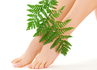 female feet with green leaf