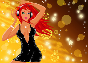 Beautiful disco-girl on golden background