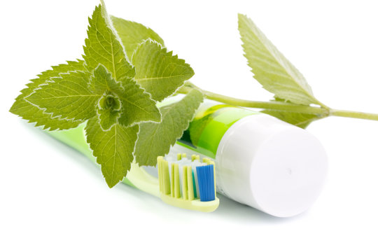 Toothbrush, toothpaste and fresh leaves of mint