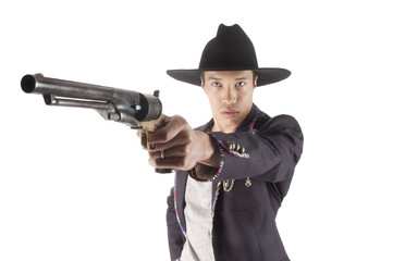 Asisn cowboy pointing gun