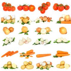 Collage-garlic,carrot,tomato and onion,  potato.Isolated