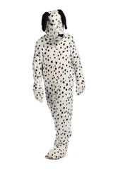 Isolated man in dalmatian dog suit 1