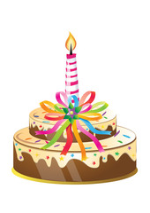 Birthday cake and candle with colorful ribbons