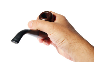 Pipe tobacco in his hand on a white background. (isolated)