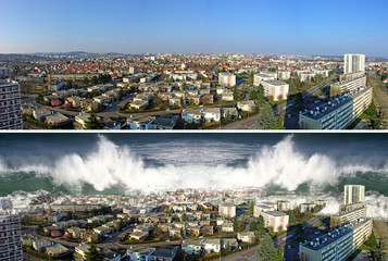 tsunami on the city before and after - obrazy, fototapety, plakaty