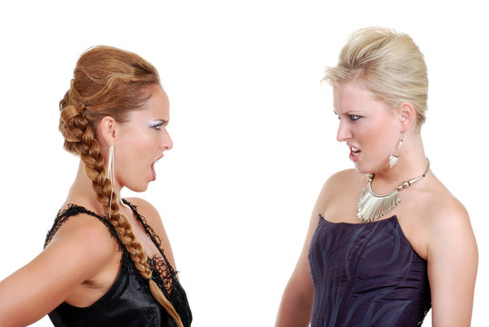 Isolated two models arguing on a white background