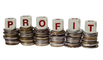 Stacks of coins with the word profit isolated on white