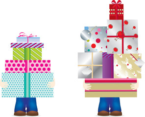 illustration of a character carrying a huge stack of presents