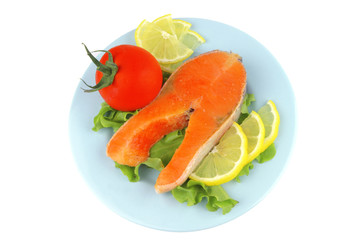 salmon steak on blue dish