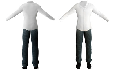 Illustration of white cotton shirt, pants and shoes.