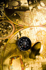 Close up view of the compass on old map