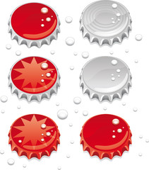 Six bottle caps with some graphics and water drops.