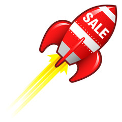 Sale e-commerce icon on red retro rocket ship