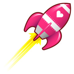 Heart or love icon on pink retro rocket ship illustration
