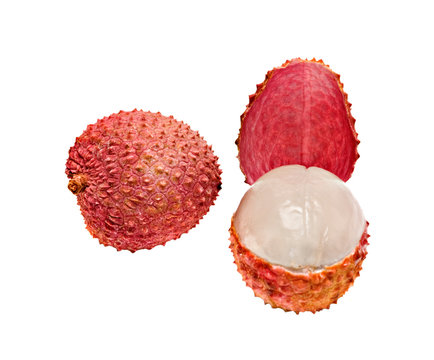 Lychee and peeled lychee isolated on white background