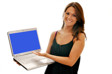 Smiling Girl Pointing at Computer Isolated