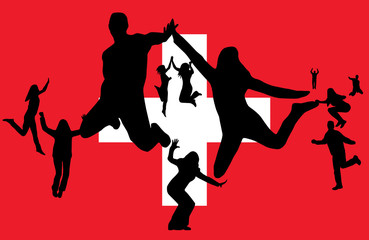 Flag of switzerland and people jumping