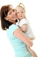 Fototapeta na wymiar Picture of happy mother with baby over white