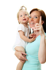 Picture of happy mother with baby over white