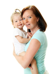 Picture of happy mother with baby over white