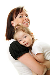 Picture of happy mother with baby over white