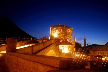 The Old Bridge at night, Mostar,. Bosnia-Herzegovina