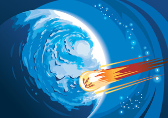 Comète avec queue brûlante se précipitant vers une planète, illustration vectorielle