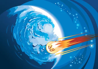 Photo sur Aluminium Cosmos Comète avec queue brûlante se précipitant vers une planète, illustration vectorielle
