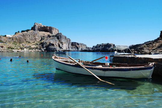 Boat in bay of Mediterranean Sea, Greece