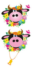 Two cows with flowers and butterfly. Vector illustration.