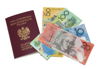 red passport, Australian money, isolated on white.