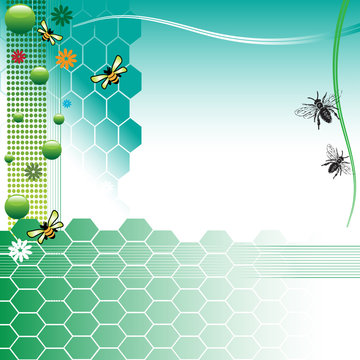 Background with bees and colorful honeycombs