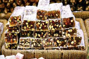 Sugar coated Turkish Delight bars (soft candy) with pistachio