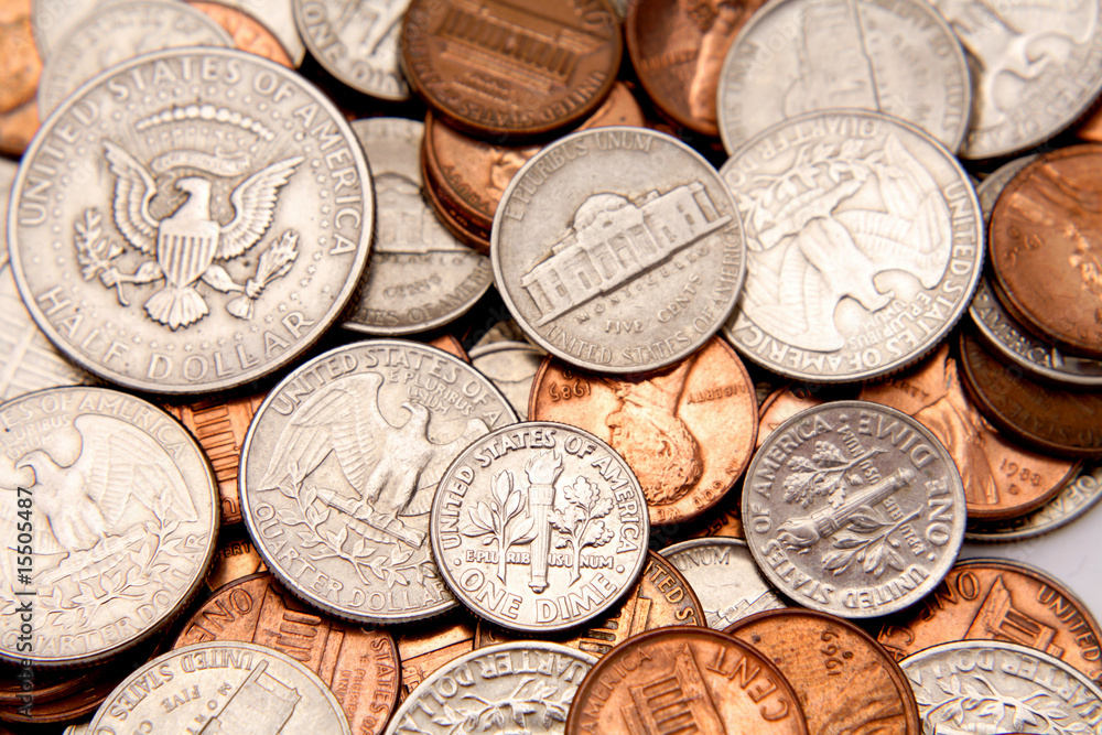 Poster Closeup of assorted American coins