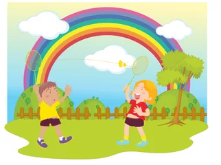 Papier peint photo autocollant rond Arc en ciel enfants jouant au badminton