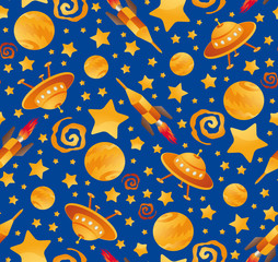 Seamless pattern with space objects: planets and spaceships