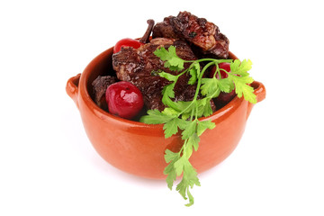 beef meat in pot with vegetables