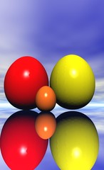 oeufs rouge, jaune et orange en famile