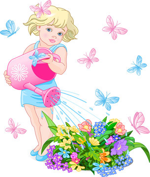 Сute little girl watering flowers
