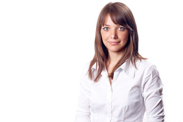 Young pretty office woman in white shirt isolated on white