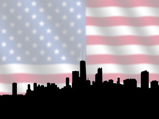 Chicago skyline with blurred American Flag