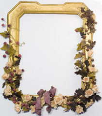 Empty Golden Frame with flowers and fruits