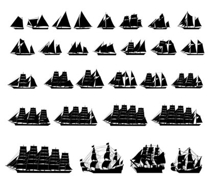 29 different types of sailboats.vector silhouette