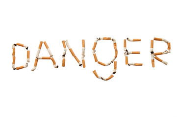 word -danger- from cigarette butt on a white background