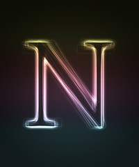 Glowing font. Shiny letter N.