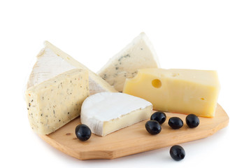 Cheese and black olives isolated on white