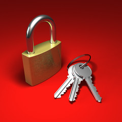 Padlock and bunch of keys on red