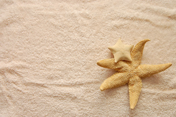 Two starfishes on colorful beach towel