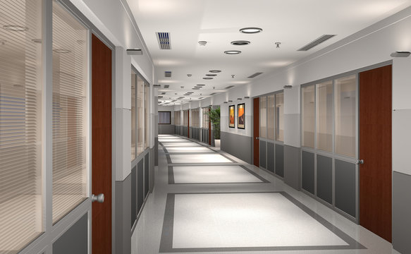 3D render of modern hotel or office hallway