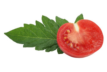 slice of tomato and tomato leaf on white background